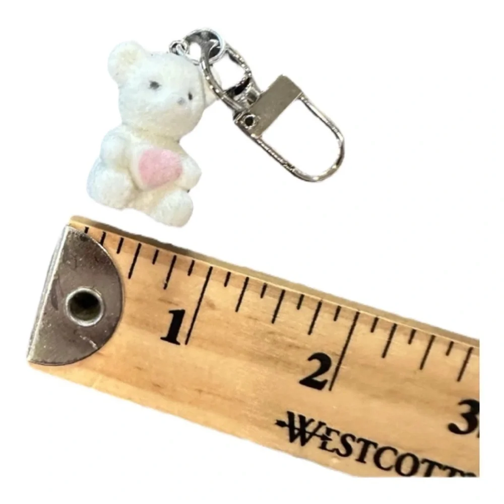 Fuzzy Teddy Bear Bag Charm White Flocked Clip Dangle Backpack Heart Charms